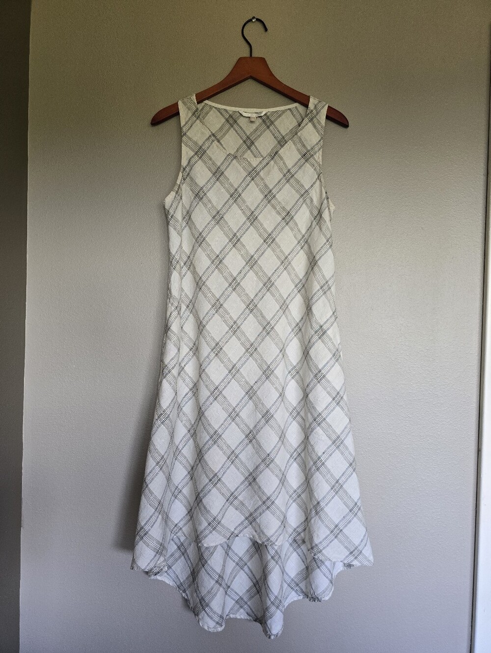 Kleen 100% Linen Sundress Medium Classic Cream Fenced Plaid Midi Tank Dress